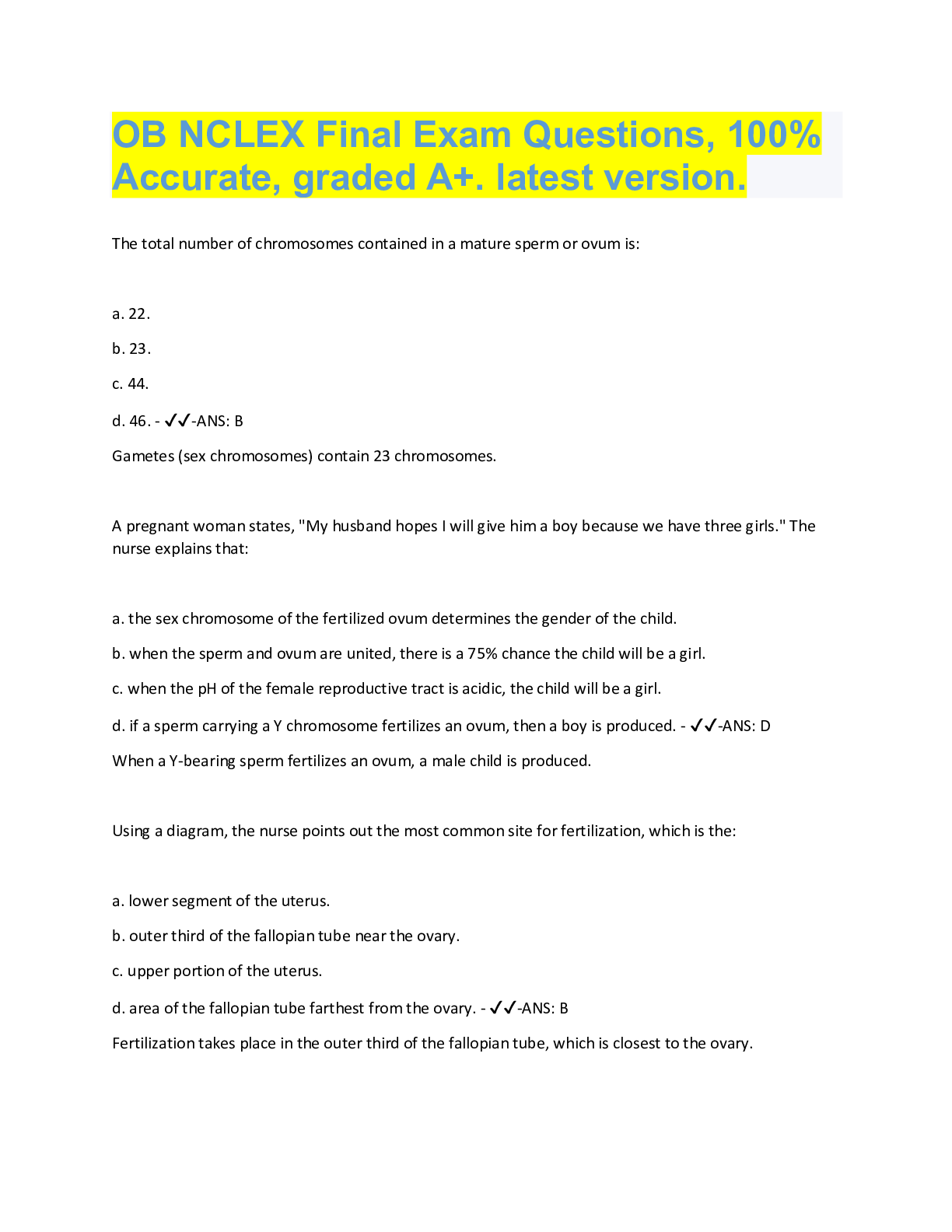 Preview image for OB NCLEX Final Exam Questions, 100%  Accurate, graded A+. latest version.